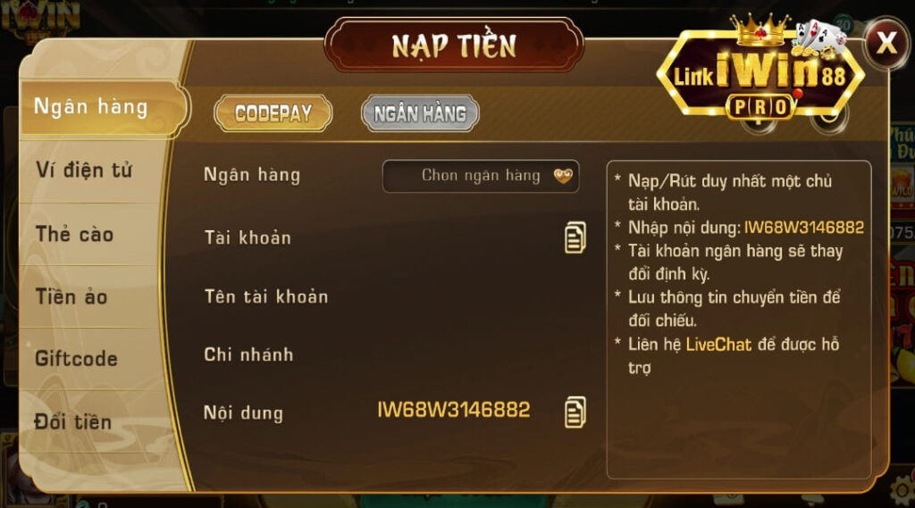 Giao dịch nạp tiền bằng account ngân hàng